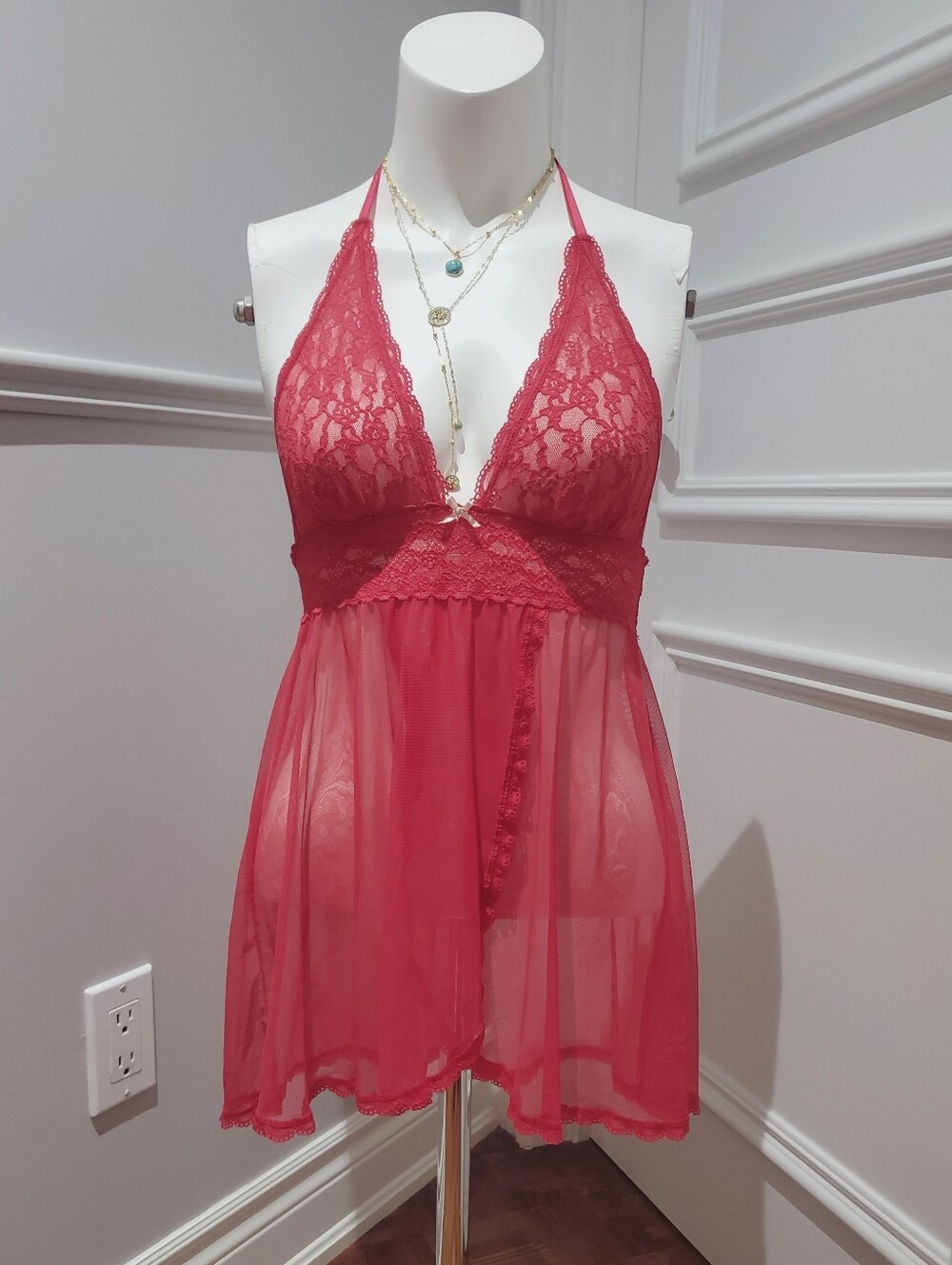 Victoria's Secret Sheer Lace Halter Babydoll Night Slip dress In Coral Magenta